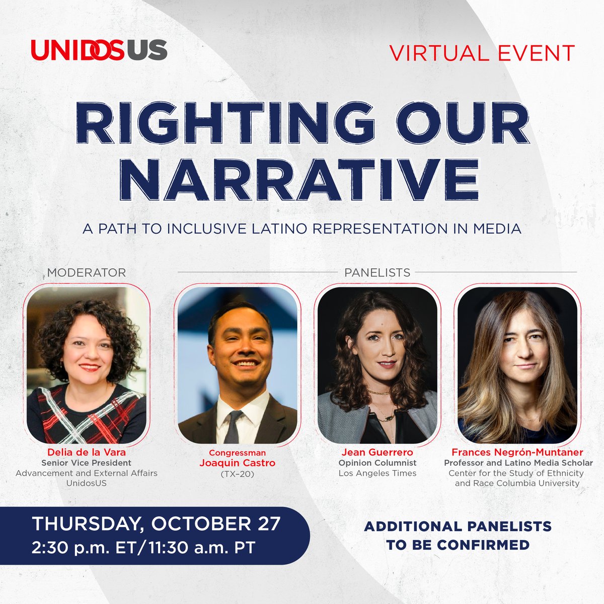WeAreUnidosUS's tweet photo. We agree! Join us on 10/27 for a discussion with 
@JoaquinCastrotx, @jeanguerre, @imfrancesnegron
and others to discuss how we can ensure diverse narratives of our community are fully included in the telling of the American story. https://t.co/FPgbmTxJAN
#RepresentationMatters https://t.co/g8ghkgN5Pu