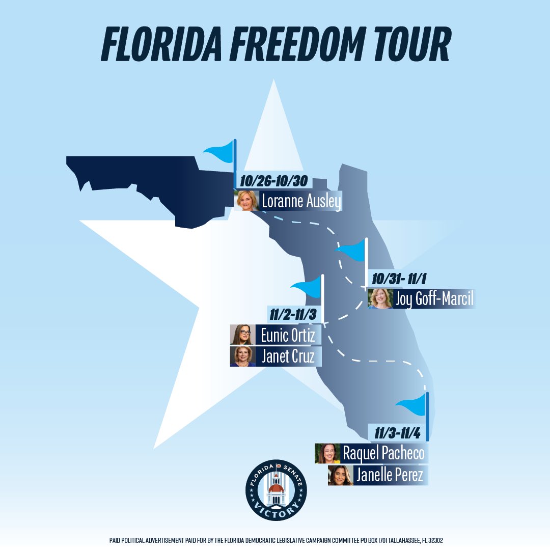 LeaderBookFL's tweet photo. We are proud to announce @SenateVictoryFL 1st ever statewide bus tour - The Florida Freedom Tour. Senate Democrats will meet voters where they’re at &amp; share our message of freedom. Our slate of 5 pro-choice, all-female candidates will be fighting with us along the way! https://t.co/dOgssCrf7M