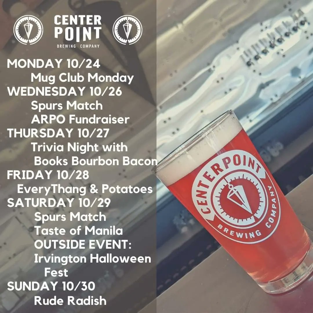 Centerpoint Brewing (@centerpointbrew) on Twitter photo This week at Centerpoint Brewing:
<a href="/SpursOfficial/">Tottenham Hotspur</a> <a href="/IndySpurs/">Indy Spurs</a> <a href="/ARPO_Indy/">ARPO</a> <a href="/IndysLiveTrivia/">Indy's Live Trivia</a> <a href="/bksbrbnbcn/">Books Bourbon Bacon</a> <a href="/IRVHalloween/">Irvington Halloween</a>
#centerpointbrewing #NearEastSideIndy #coys #tottenhamhotspurs #indytrivia #trivianight #indyfilipinofood #irvingtonhalloween #halloweenfestival #indyvegan This week at Centerpoint Brewing:
<a href="/SpursOfficial/">Tottenham Hotspur</a> <a href="/IndySpurs/">Indy Spurs</a> <a href="/ARPO_Indy/">ARPO</a> <a href="/IndysLiveTrivia/">Indy's Live Trivia</a> <a href="/bksbrbnbcn/">Books Bourbon Bacon</a> <a href="/IRVHalloween/">Irvington Halloween</a>
#centerpointbrewing #NearEastSideIndy #coys #tottenhamhotspurs #indytrivia #trivianight #indyfilipinofood #irvingtonhalloween #halloweenfestival #indyvegan