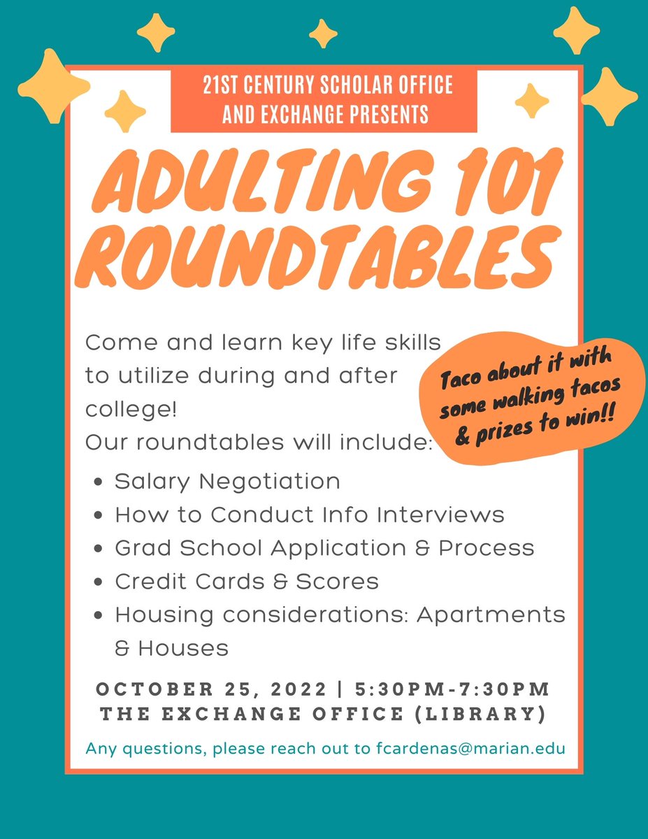 Attention 21st Century Scholars!!!!! Tomorrow the Exchange is hosting Adulting 101 roundtables from 5:30pm-7:30pm. Learn key life skills, enjoy some tacos, and win prizes!  

#marianuniversityindianapolis #21stcenturyscholars #experiencematters