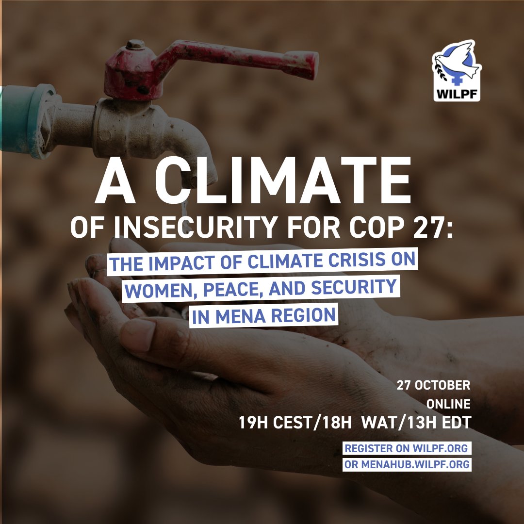 As we are just under 2️⃣ weeks away from the start of #COP27, join us this Thursday  for the last in our webinar series!

Panelists will shed light on the impacts of the #climatecrisis on #women #peace &amp; #security in the #MENA region. 

Register here 👉 bit.ly/3f2KHY4