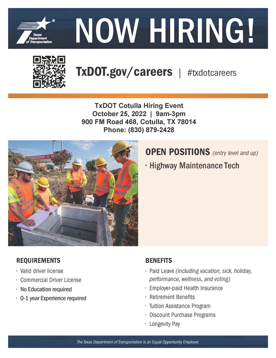 TxDOTLaredo's tweet photo. TxDOT COTULLA Hiring Fair – Oct. 25, 2022, 9 a.m.-3 p.m. @ TxDOT Cotulla Ofc 900 E. FM 468, Cotulla, TX 78014. Driver's lic, CDL, 0–1-yr exp. On-site interviews. Health ins &amp; more https://t.co/pVUsgy6HtU #txdotcareers @TxDOT @KGNSnews @univisionlaredo @TelemundoLAREDO @laredofox https://t.co/yR1b6CgprU