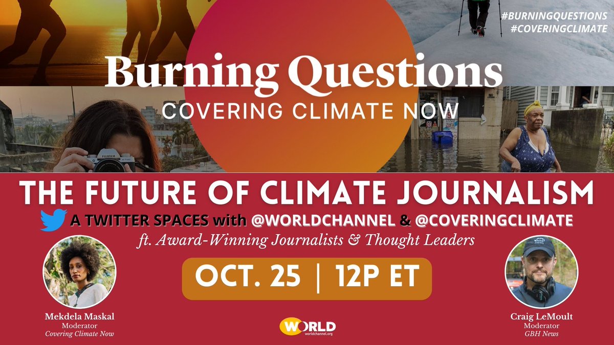 worldchannel's tweet photo. Let's talk about #climatechange – join us with @CoveringClimate to discuss how climate journalism pushes us toward actionable steps. Set your reminder! 👉 https://t.co/iCwapPqmix @MekdelaMaskal @GBHNews @clemoult @soljourno @Farawarner @Kelly_Macnamara @UgoGreenAngle @jeffgoodell https://t.co/PPTPMW0Ecb