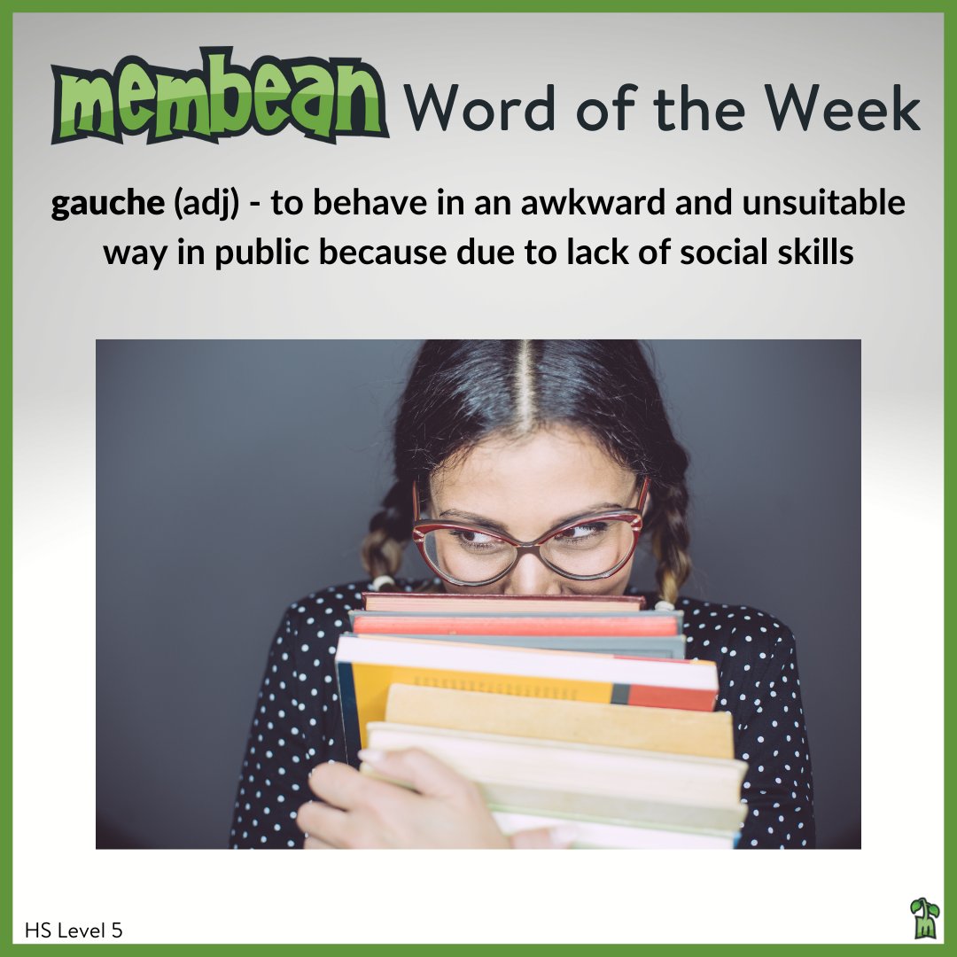 membean's tweet photo. Would you describe yourself as being gauche, more on the shy side when it comes to socializing? 

#Membean #ThatsAMembeanWord #Level5Word #WordsForLife #Vocabulary #PersonlizedLearning #DifferentiatedInstruction #2ndaryELA #EnglishTeacher #ITeachEnglish #LifelongLearner https://t.co/3wYZYbgjjh