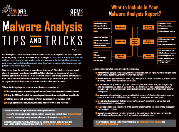 NEW #DFIR POSTER | #MALWAREANALYSIS:TIPS & TRICKS by #FOR610 course author @lennyzeltser This poster provides a starting point to reverse-engineer & examine suspicious files like compiled executables & potentially malicious documents. DOWNLOAD IT NOW! 👉 sans.org/u/1mT9