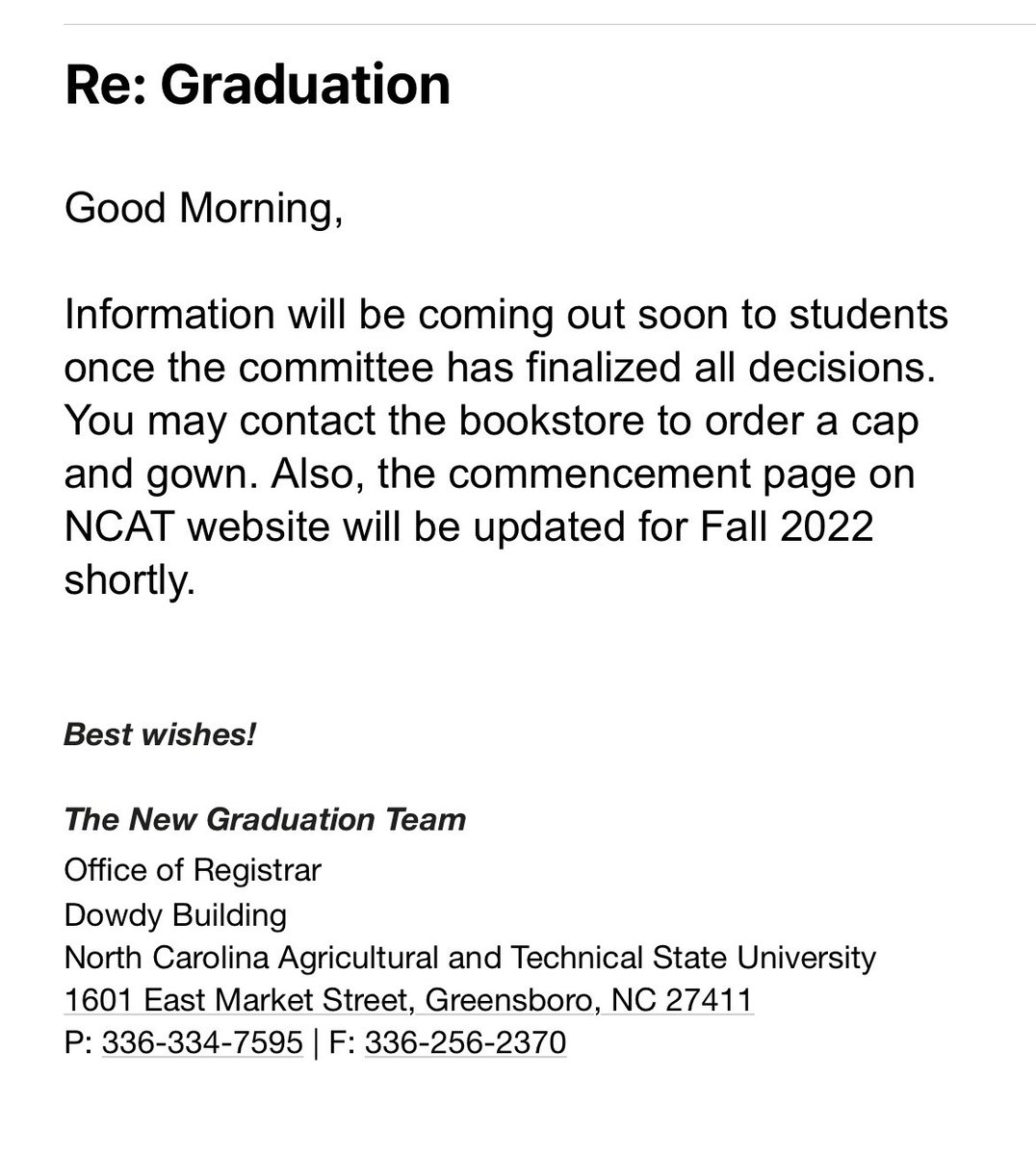 Newborn1Madison's tweet photo. Idk what I missed but for anybody graduating from NCAT this December you can order your cap and gown at the bookstore. #ncat22 https://t.co/Kv0h3cpIYD