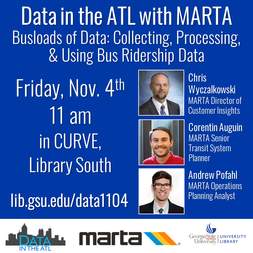 GetDataReady's tweet photo. With 113 bus routes and 38 rail stations how does #MARTA collect and utilize ridership data to improve user and community experience?

Join us for our next Data in the ATL with MARTA, Friday November 4th at 11 am in CURVE 🚌
https://t.co/PHuWI01X3g

#aboutATL  #data #DataintheATL https://t.co/nkFGpNEKCH