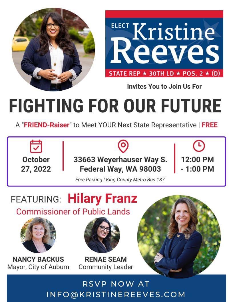 KristineMReeves's tweet photo. THIS THURSDAY! Join us for a FREE FRIEND-raiser and Meet & Greet with YOUR next State Representative & the best Commissioner of Public Lands, @Hilary_FranzCPL! Come learn more about the future we are fighting for and enjoy a lite lunch! #workingmom #rightfitfederalway https://t.co/7Kh36TA684