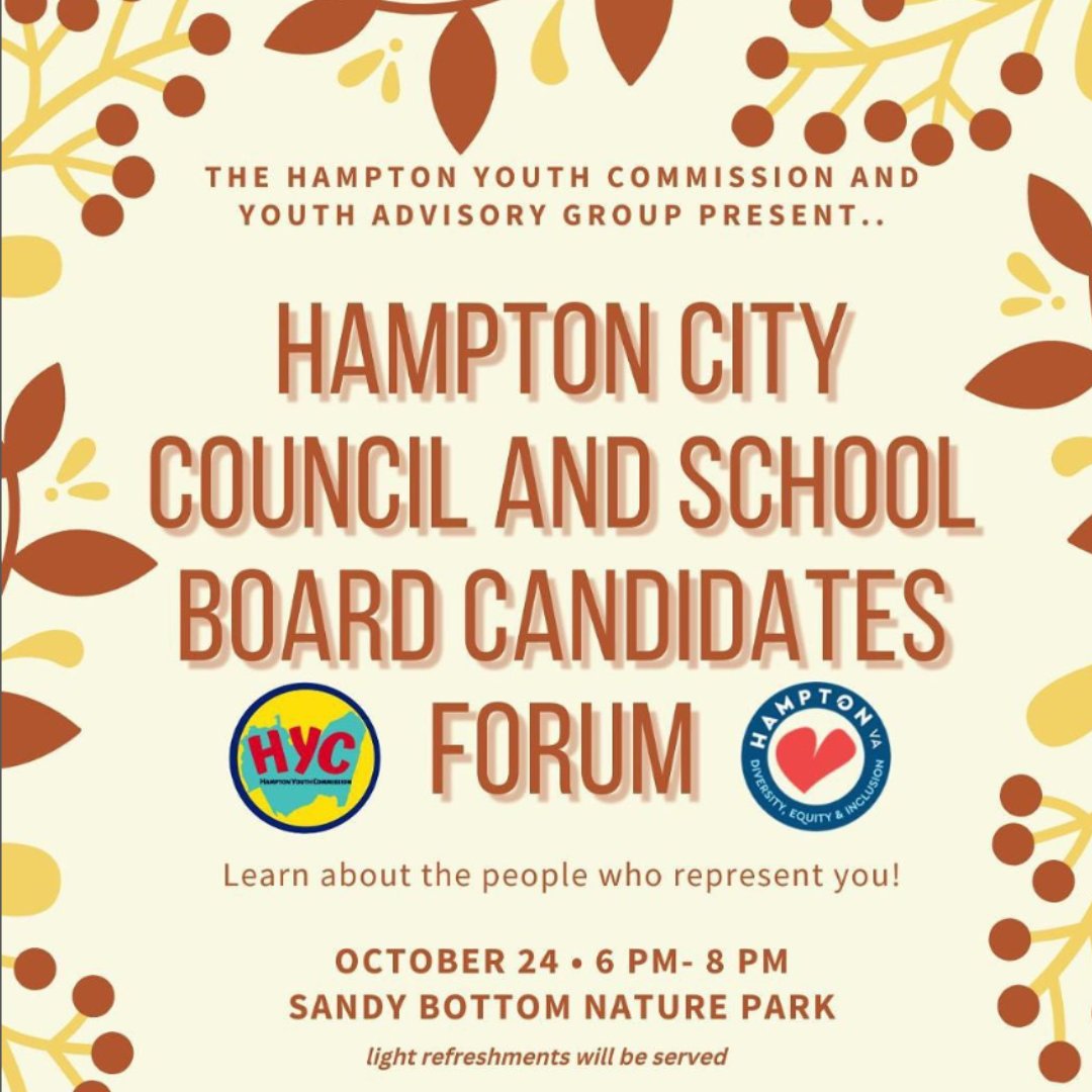 HUTalentSearch's tweet photo. Families, please set aside some time this evening (Oct. 24th) for the School Board and City Council candidates running in this year’s local elections. There will be music, games, goodie bags, and more! @YouthHampton @cityofhampton 
#hamptonroads #youthempowerment #talentsearch https://t.co/UAjVXQSvWI