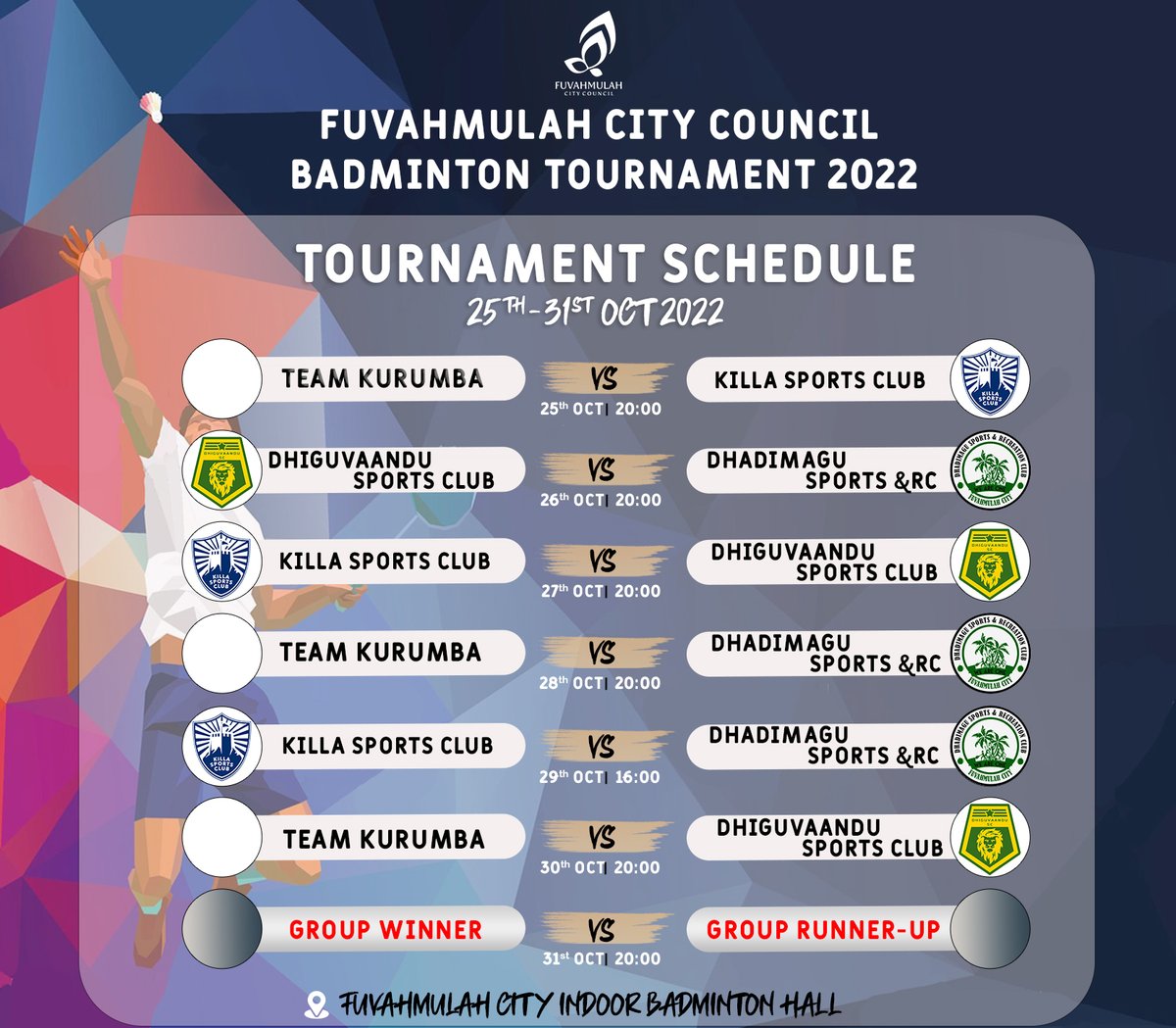 Fuvahmulah City Council Badminton Tournament 2022 Schedule