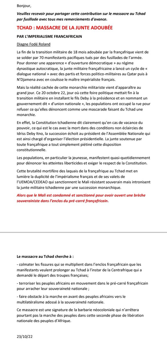 #TCHAD20OCTOBRE🇷🇴 #GENOCIDEFRANCAISAUTCHAD🇷🇴 QUE LA FRANCE ASSUME MAINTENANT QUE LA FRANCE🇫🇷ASSUME: ●L'ASSASSINAT DE DEBY PÈRE ●NON RESPECT DE LA CONSTITUTION TCHADIENNE ●L'INTRONISATION DU FILS DEBY-#KAKADEBY ●FORFAITURE DU DIALOGUE NATIONAL ●LES MASSACRES DU 20.10. 2022
