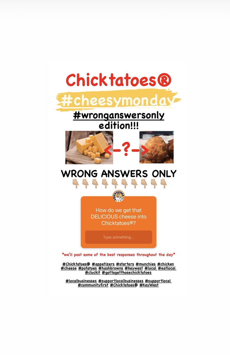 chicktatoes's tweet photo. Please check out our Facebook &amp; Instagram stories and give us your best *wrong* answers!!! 🐓🧀🧀🥔
#wronganswersonly #cheesymonday 

#Chicktatoes® #appetizers #starters #munchies #chicken #cheese #potatoes #hashbrowns #keywest #local #eatlocal #cluckit #gottagetthosechicktatoes https://t.co/noaEC5Oo3n