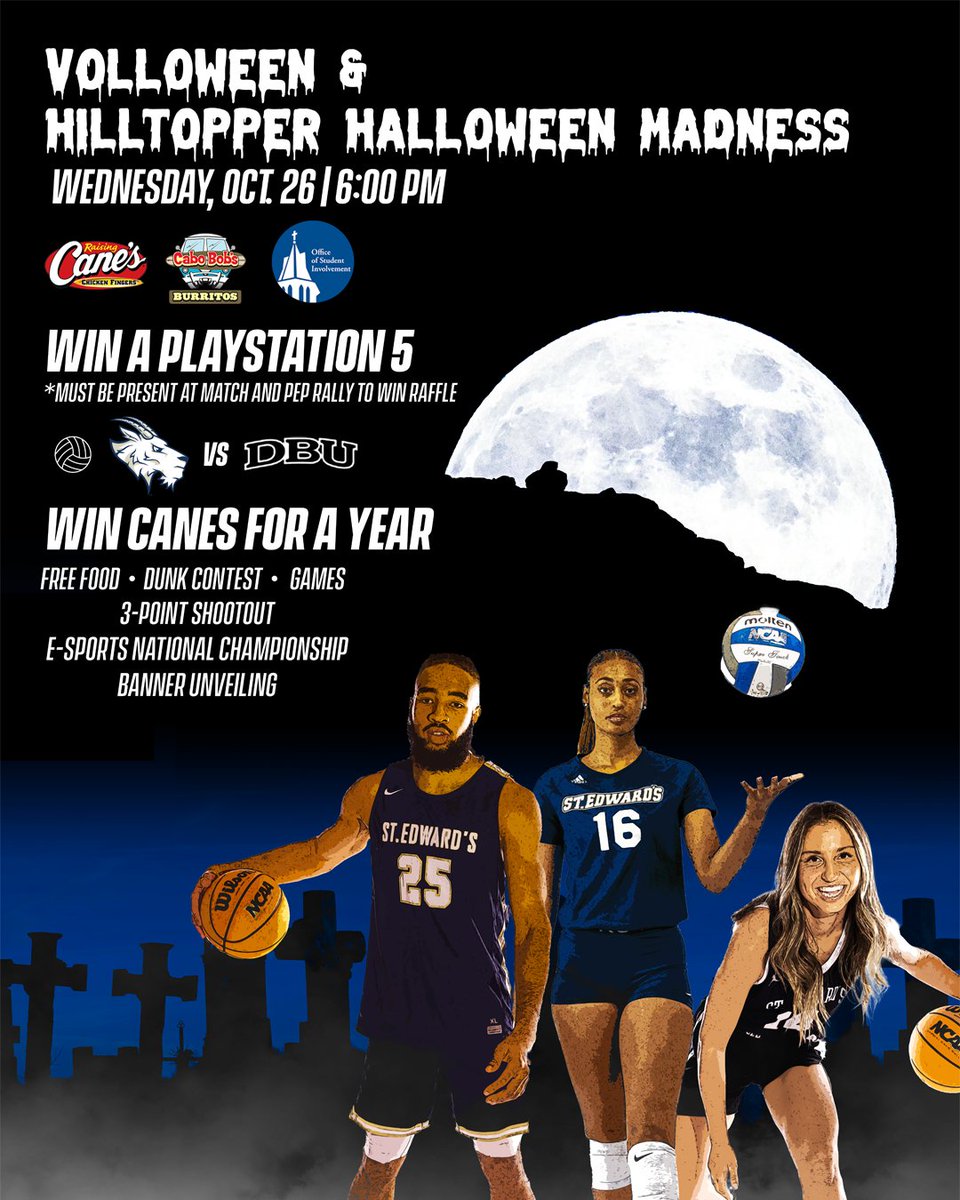 Support @SEUVBall, <a href="/SEUMBasketball/">St. Edward's Men's Basketball</a>, <a href="/SEUWBasketball/">St. Edward's Women's Basketball</a>, and <a href="/SEUEsports/">St. Edward's Esports</a> this Wednesday at Volloween/Hilltopper Halloween Madness. 

After the volleyball match, there will be a pep rally with free food, a chance to win a PS5, games, and the unveiling of E-Sports Championship banner.