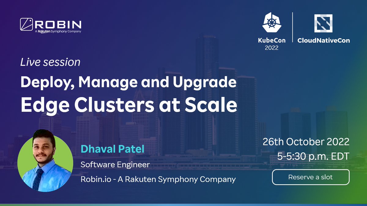 Robin.io, A Rakuten Symphony Company (@robin4k8s) on Twitter photo Hear from <a href="/Robin4K8S/">Robin.io, A Rakuten Symphony Company</a>'s Dhaval Patel as he walks us through the #challenges of deploying, managing, and upgrading edge sites. 
Access the live session at our virtual booth:hubs.ly/Q01qwc-z0 Attending KubeCon in-person at Detroit? Stop by at our booth S5 between 26-28th Oct Hear from <a href="/Robin4K8S/">Robin.io, A Rakuten Symphony Company</a>'s Dhaval Patel as he walks us through the #challenges of deploying, managing, and upgrading edge sites. 
Access the live session at our virtual booth:hubs.ly/Q01qwc-z0 Attending KubeCon in-person at Detroit? Stop by at our booth S5 between 26-28th Oct