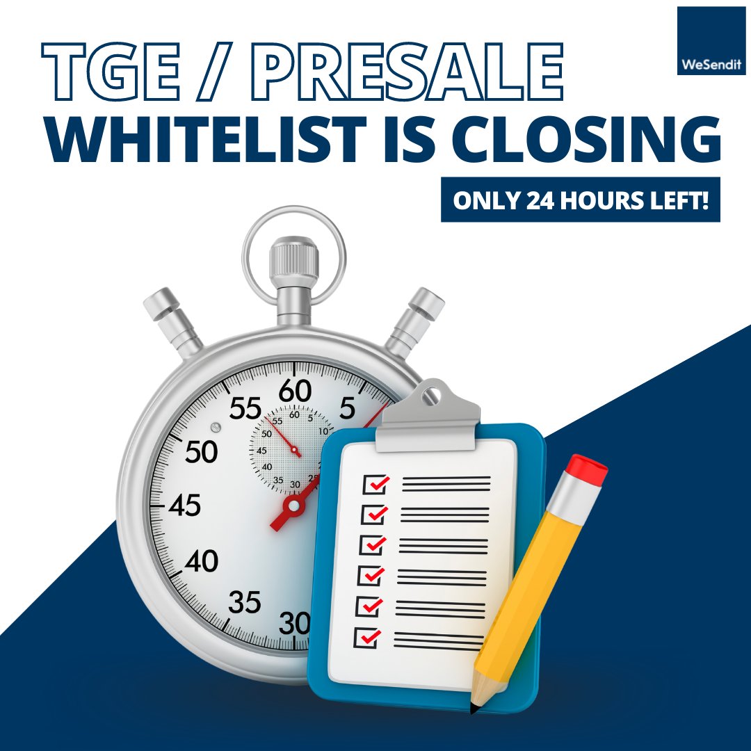 WeSendit's tweet photo. 📣 WHITELIST IS CLOSING SOON! 📣

Only 24h left for joining the $WSI Whitelist for the upcoming Presale! 
The lucky winners will be notified though e-mail 📩 and are able to buy for 3.2 cents.

👉 But remember: First come, first serve! 

#tge #presale #wesendit #wsi #token https://t.co/4oEOXxZik4