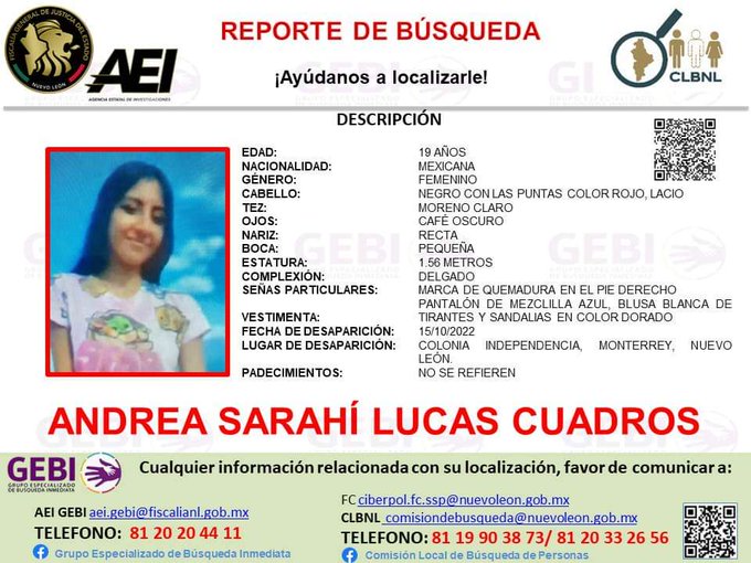 Cicmty's tweet photo. 🚨#Aviso Solicitamos su colaboración para localizar a "ANDREA SARAI LUCAS CUADROS" #Monterrey https://t.co/fuTDSAEfQU