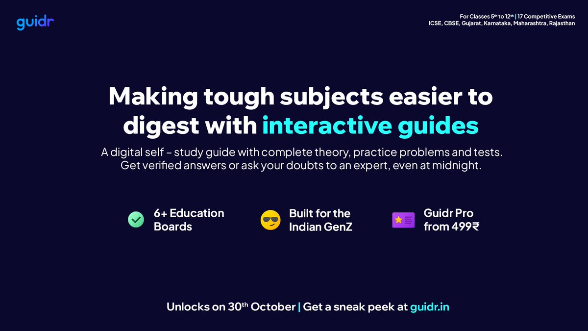 Introducing Guidr.in — a learning platform for the Indian GenZ. 

✨ Includes 6 Indian Education Boards

Full experience goes live on 30th October.