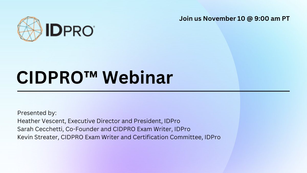 #IDPro’s Certified Identity Professional (#CIDPRO) exam provides #digitalidentity professionals with an opportunity to validate their industry experience. Register for our upcoming CIDPRO webinar, on November 10 at 9 am PST, to learn more: bit.ly/3EzjMgz