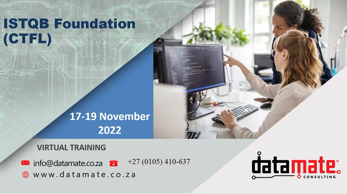 datamatesa's tweet photo. The ISTQB Foundation (CTFL) course is recognized as the baseline of knowledge for a testing professional, this course is a prerequisite for completing the ISTQB Advanced Level Certification exams.
For more
Visit Now:https://t.co/vy7AeC7G8o
CALL:+27 (0105) 410-637
#SoftwareTesting https://t.co/Zhbjgo9YF2