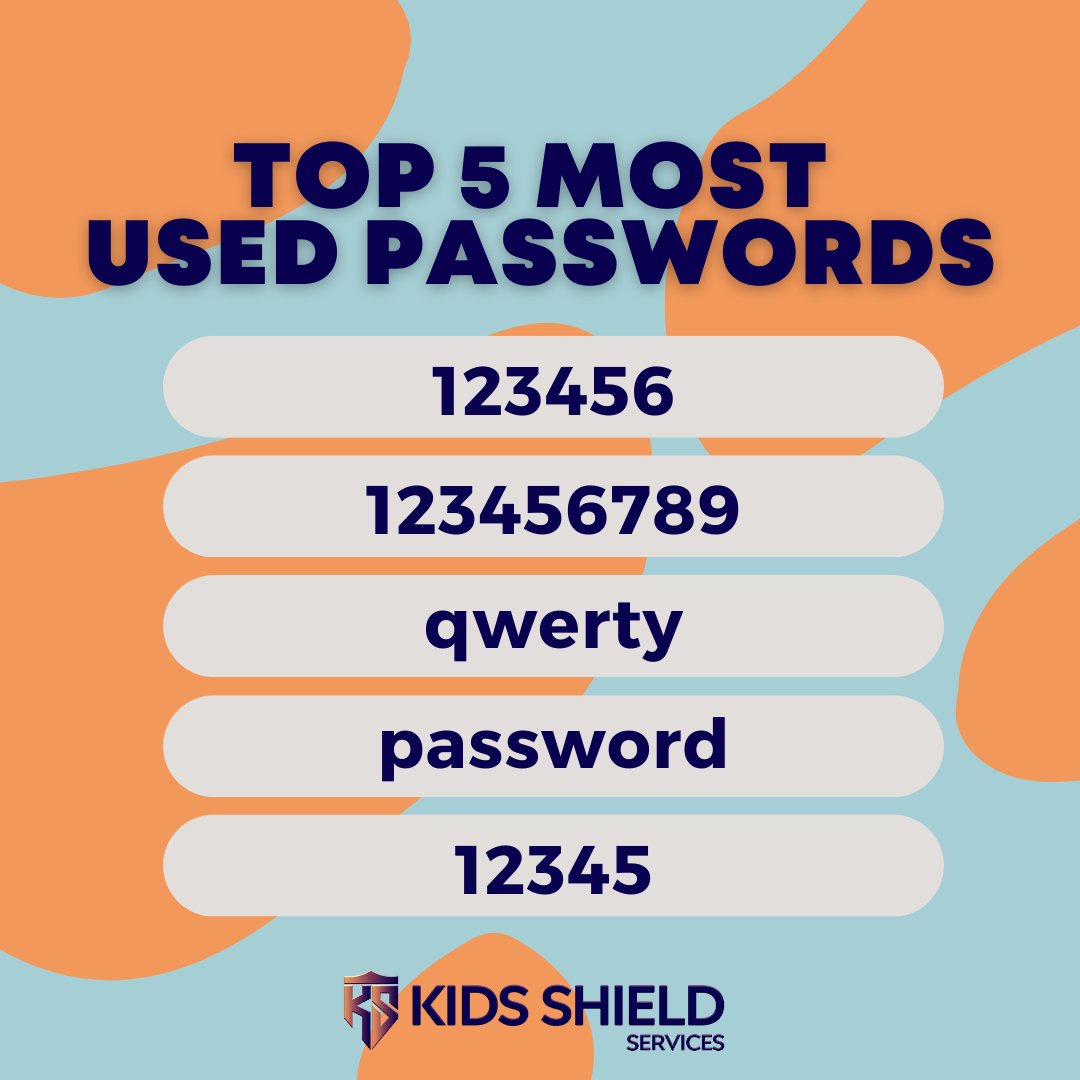 KidsShield's tweet photo. These really are the top 5 most used passwords in 2022!😱 If you are using any of these make sure to change it to a stronger password💪🔒

https://t.co/qFpaGuuYiA

#KidsShield
#KidsShieldServices
#InternetSafety
#OnlineSafety 
#PasswordProtection  
#CommonPasswords https://t.co/R09rOkb5Ie