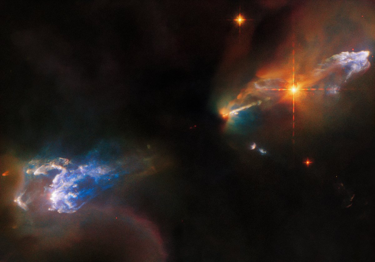 NASA's tweet photo. The young star system in the center of this @NASAHubble image is blocked by clouds of cosmic dust, but we still know it's there—from the massive jets of gas it's ejecting on either side.

Learn more about this turbulent stellar nursery: https://t.co/zGorBASwII https://t.co/1myMKp9MoN