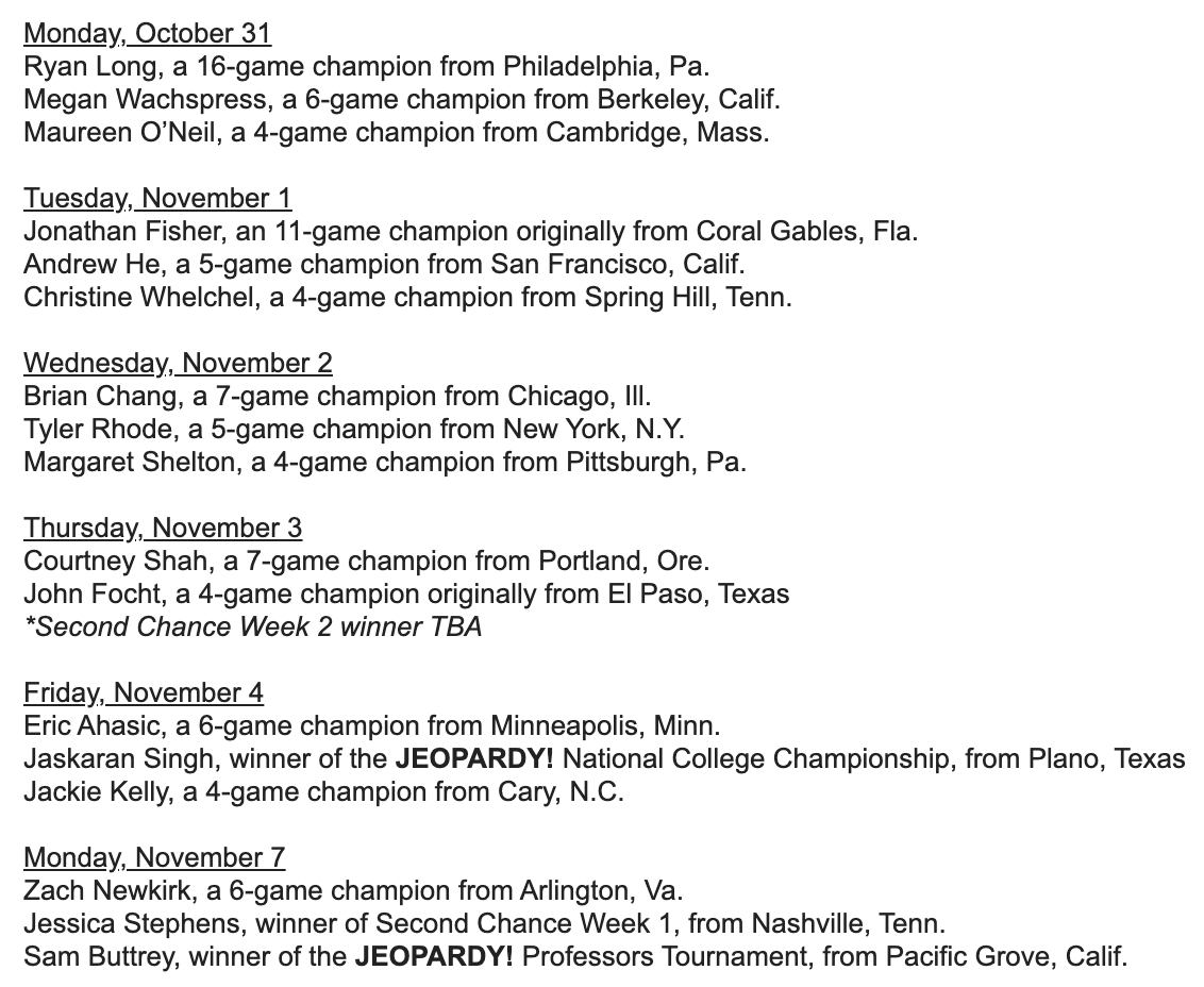 your Jeopardy! Tournament of Champions quarterfinals lineup (Second Chance winner #2 still TBD):