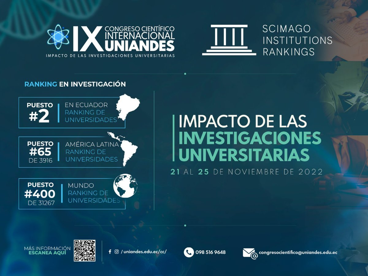 Somos la segunda universidad más importante en investigación a nivel nacional y te invitamos a que seas parte del IX Congreso Científico Internacional “Impacto de las Investigaciones Universitaria UNIANDES” 2022.  
Más información visita la web: congreso.uniandes.edu.ec