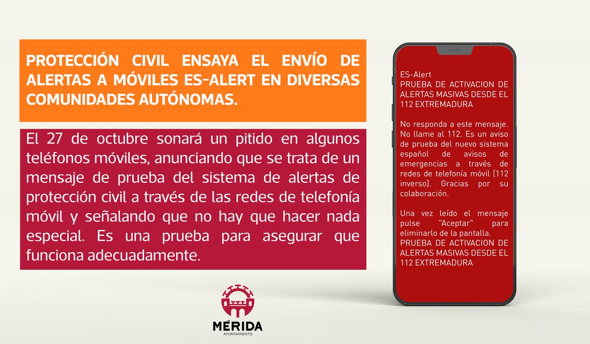 ayto_merida's tweet photo. 🔔 📲 ⚠️ Es posible que el jueves te llegue un pitido al móvil. Tranquilo. Es un mensaje de pruebas para avisar sobre situaciones de emergencia extraordinaria o catástrofe. Más información 👇 https://t.co/BVLbOhJcaj