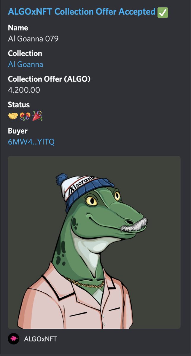 ALGOxNFT's tweet photo. ๐
A 4,200 ALGO #CollectionOffer was just accepted for this handsome @al_goanna!
Looking for *any* item for a collection? Try making a collection offer, and you just might get lucky!
#AlgorandNFT #algofam https://t.co/m4gEt8S2G2