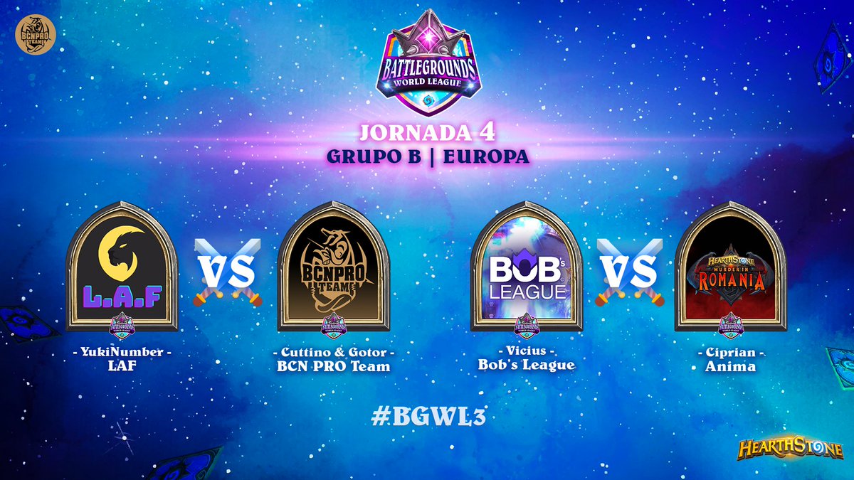 BGWorldLeague's tweet photo. ¡Iniciamos la jornada 4! 🔥
¡Por la corona y la gloria!
Jornada 4 ⚔️ Grupo B | Europa
🟣 🇪🇸 #LAF vs 🇪🇸 @BCNProTeam
👑 @YukiNumber11 @cuttino_yes @Gotorkun
🔵 🇫🇷 @Bobs_League vs 🇷🇴 #Anima
👑 #Vicius @Ciprian04q
¿Quién se llevará la victoria? 🤩 https://t.co/YGQwqt4ueN