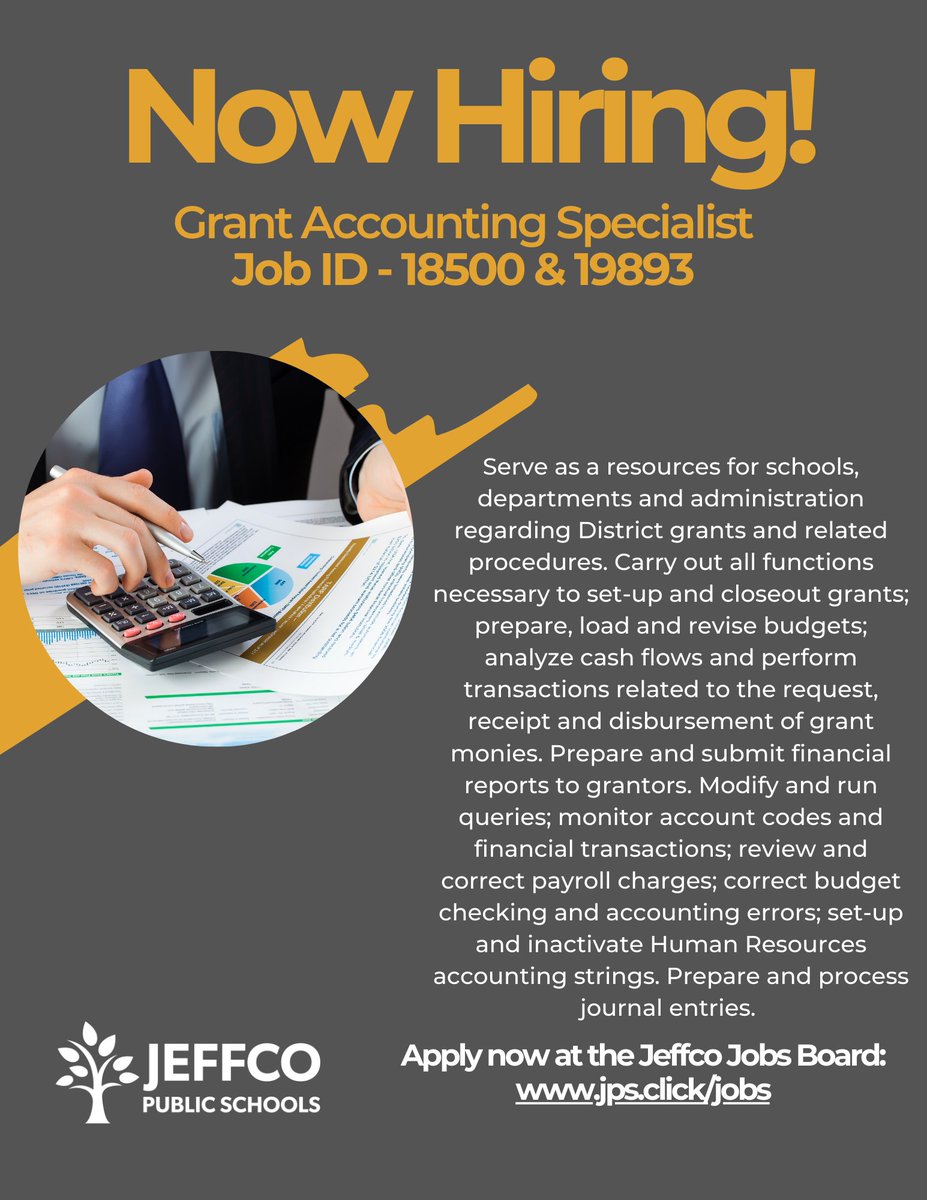 Today would be a great day to start a new career search! Are you interested in analyzing cash flows, preparing financial reports, and correcting accounting errors? We have an amazing opportunity for you! Apply Now for our Grant Accounting Specialist!