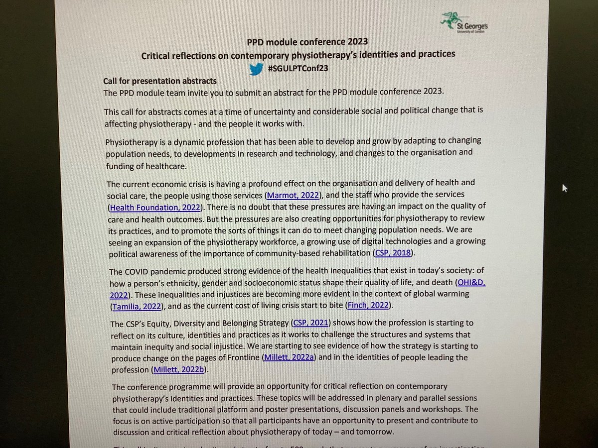 gwyn owen (@gwyn_owen) on Twitter photo looking forward to introducing final year physiotherapy students <a href="/STGeorgesUni/">St George's, University of London (1752-2024)</a> to the PPD conference call for abstracts #SGULPTConf23 looking forward to introducing final year physiotherapy students <a href="/STGeorgesUni/">St George's, University of London (1752-2024)</a> to the PPD conference call for abstracts #SGULPTConf23