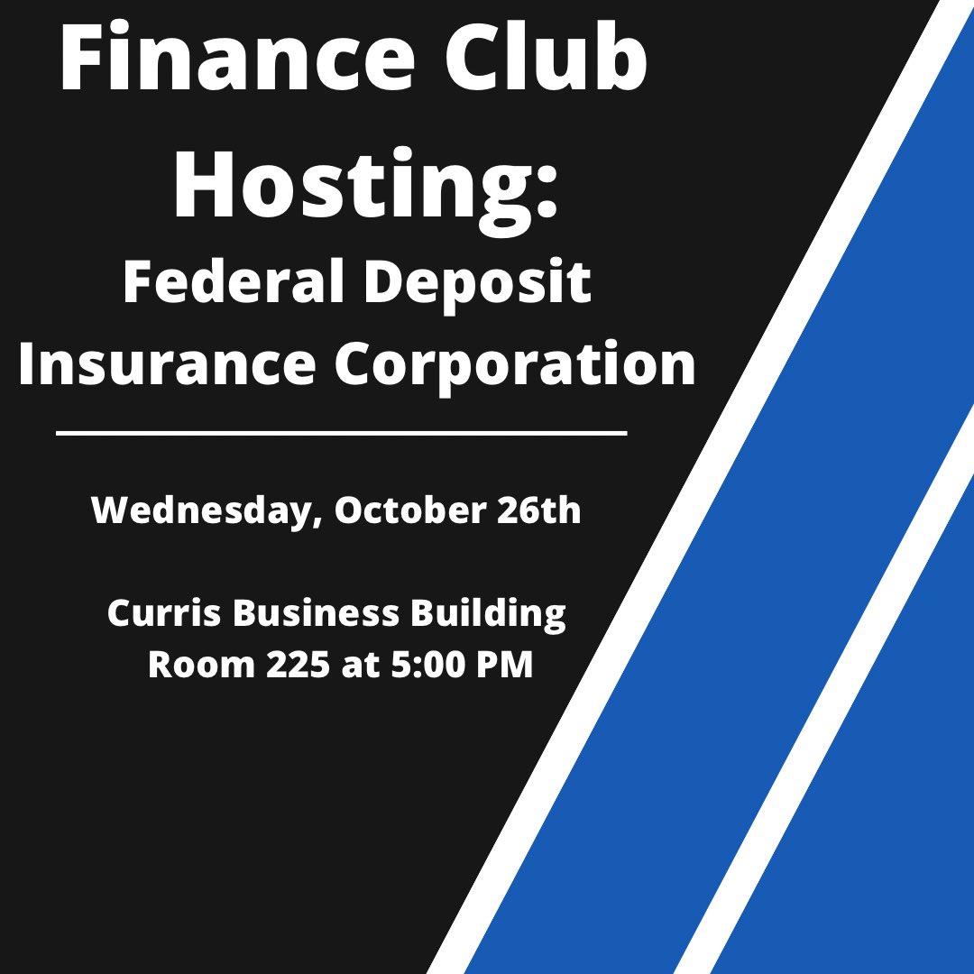 Please join us this Wednesday at 5pm in CBB 225. We will be hosting FDIC. FDIC is a great employer that offers many positions. 

Please dress business casual.
Hope to see you all there!