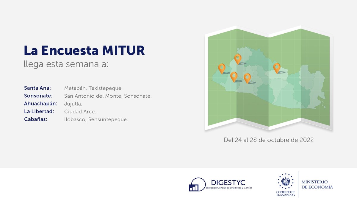 EconomiaSV's tweet photo. 📢Del 24 al 28 de octubre, equipo de #DIGESTYC recabará datos socioeconómicos y demanda turística interna, a través del mapeo y encuestas:
✅ Hogares de Propósitos Múltiples #EHPM
✅ MITUR

Del 24 al 30 de octubre:
✅ Uso del Tiempo

👇 Conoce los detalles: https://t.co/NvBInhzEFe
