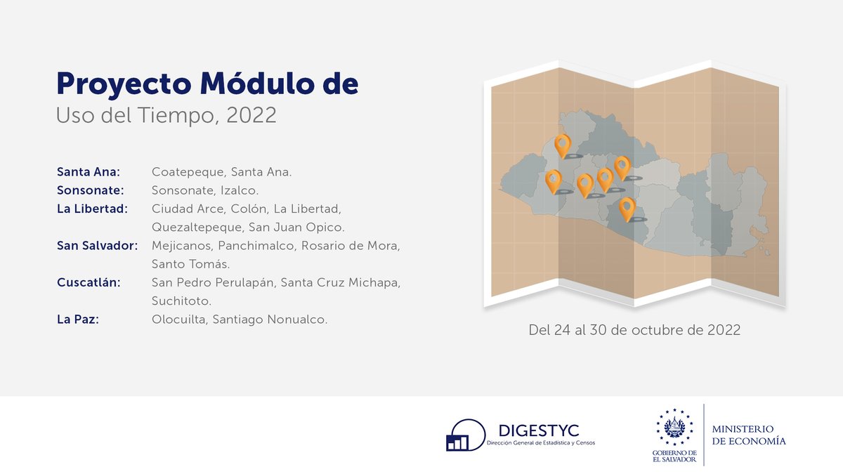 EconomiaSV's tweet photo. 📢Del 24 al 28 de octubre, equipo de #DIGESTYC recabará datos socioeconómicos y demanda turística interna, a través del mapeo y encuestas:
✅ Hogares de Propósitos Múltiples #EHPM
✅ MITUR

Del 24 al 30 de octubre:
✅ Uso del Tiempo

👇 Conoce los detalles: https://t.co/NvBInhzEFe