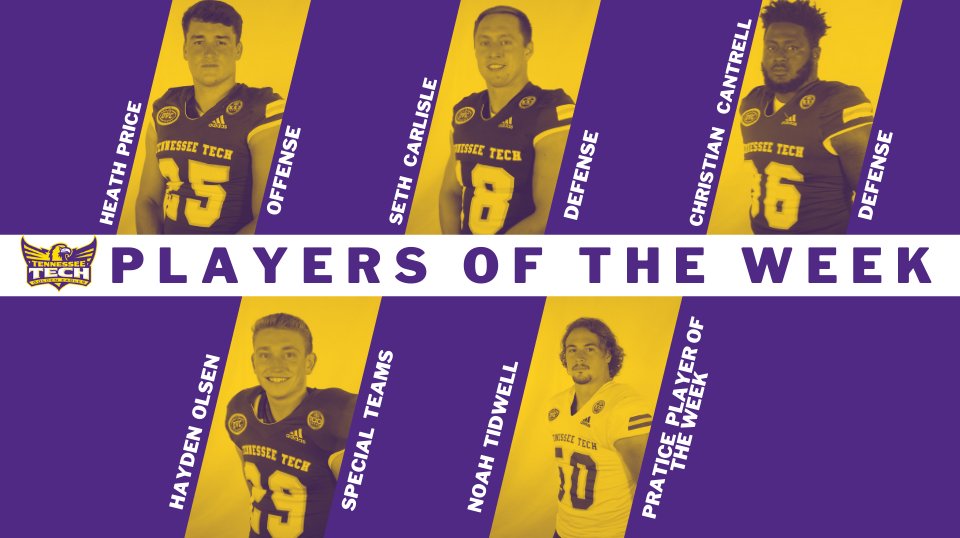 TTU Football (@tntechfootball) on Twitter photo Congratulations to our Players of the Week VS KSU - offense - Heath Price <a href="/HeathPrice8/">Heath Price</a>; defense - Seth Carlisle <a href="/CarlisleSeth/">Seth Carlisle</a> and Christian Cantrell <a href="/kiing_chris44/">Christian Cantrell</a>; special teams - Hayden Olsen; and practice player of the week - Noah Tidwell @Tidwell_79 Congratulations to our Players of the Week VS KSU - offense - Heath Price <a href="/HeathPrice8/">Heath Price</a>; defense - Seth Carlisle <a href="/CarlisleSeth/">Seth Carlisle</a> and Christian Cantrell <a href="/kiing_chris44/">Christian Cantrell</a>; special teams - Hayden Olsen; and practice player of the week - Noah Tidwell @Tidwell_79
