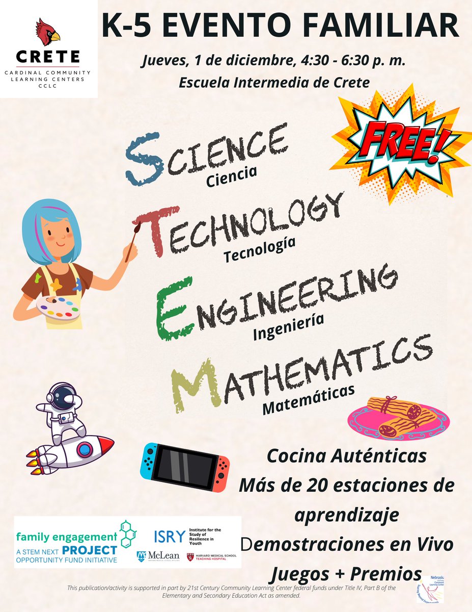CardinalCenters's tweet photo. Mark your calendars! A huge K-5 family event is happening on Thursday, December 1. 

Focused on STEM careers, the event will feature delicious food, fun for the entire family, and hands-on learning!

@creteint @creteElementary @CPSchools @CreteLibraryNE @crete_news @BellsBeyond https://t.co/O6bNRvnORf