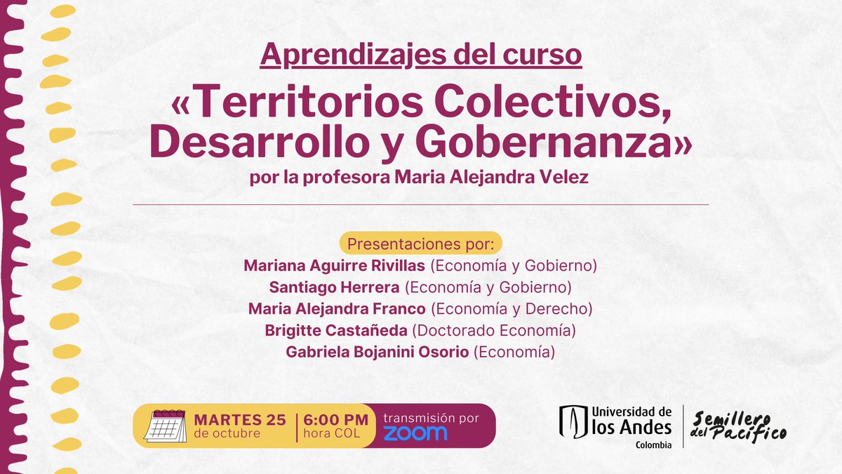 semilleropacif's tweet photo. 👉🏾mañana compartiremos aprendizajes del curso "Territorios colectivos, desarrollo y gobernanza", dictado por @MajaVelez en @EconomiaUAndes 

🗓️martes 23 a las 6:00 p.m. 

En el curso se exploraron las nociones de lo que constituye el “desarrollo”, la “conservación” y la “pobreza” https://t.co/Ms6AEnP8GY