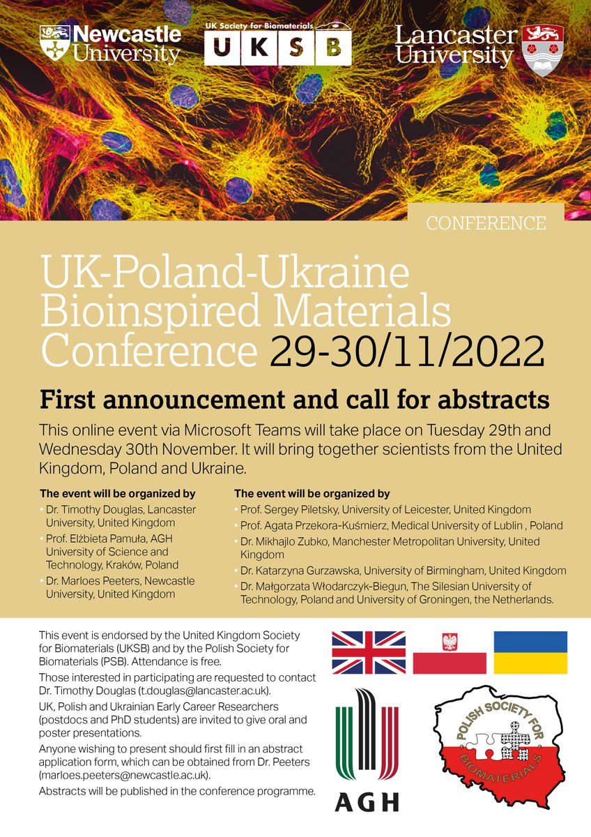 peeters_marloes's tweet photo. Drumroll: the free of charge! #online @ukplbioinspired #conference is back 😀 Jointly organised by @TimothyELDougl1, partners from AGH University of Science and Technology (Poland) and @materials_dr @EngineeringNCL. Want  to sign up? Email me for the details 👇 https://t.co/S9GGir37oF