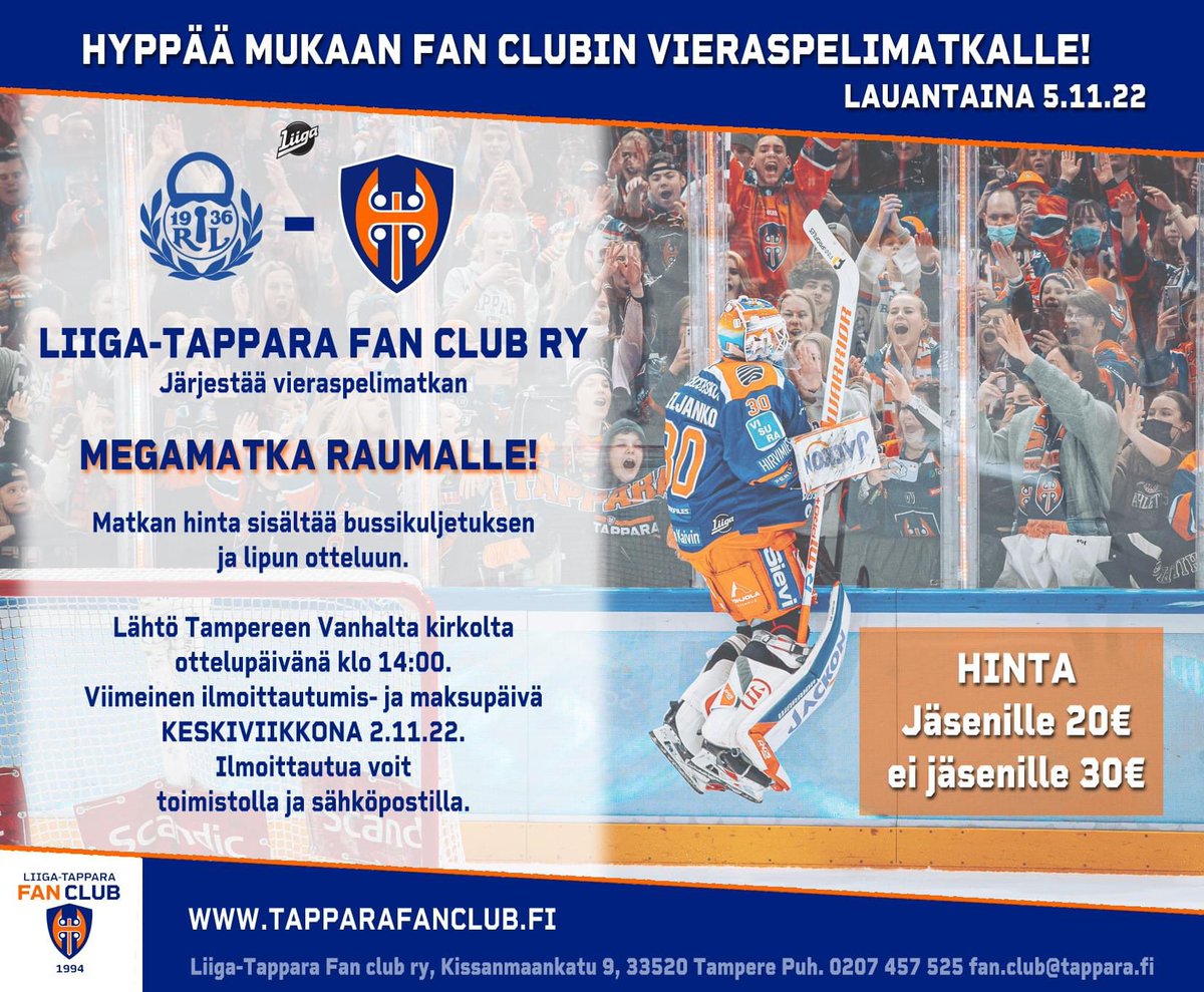 Tapparaofficial's tweet photo. Megamatka Raumalle🙌

➡️ https://t.co/3ihnmqJvLo

#Tappara #Liiga @TapparaFanClub https://t.co/ER4zaSHSxF