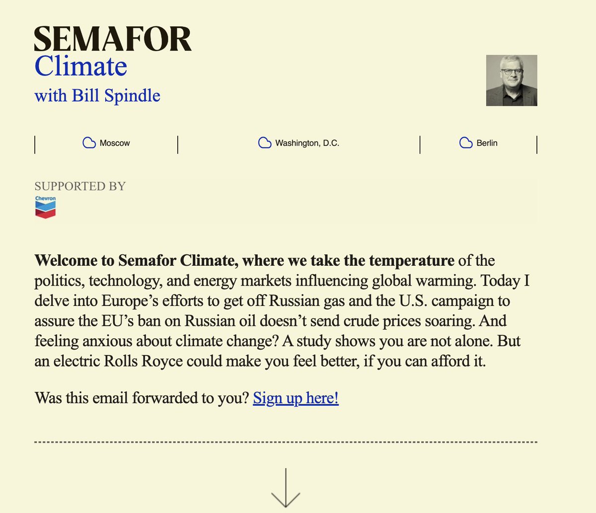 Been waiting patiently for my first climate change newsletter from Semafor. Guess they were waiting for the right sponsor to come along.