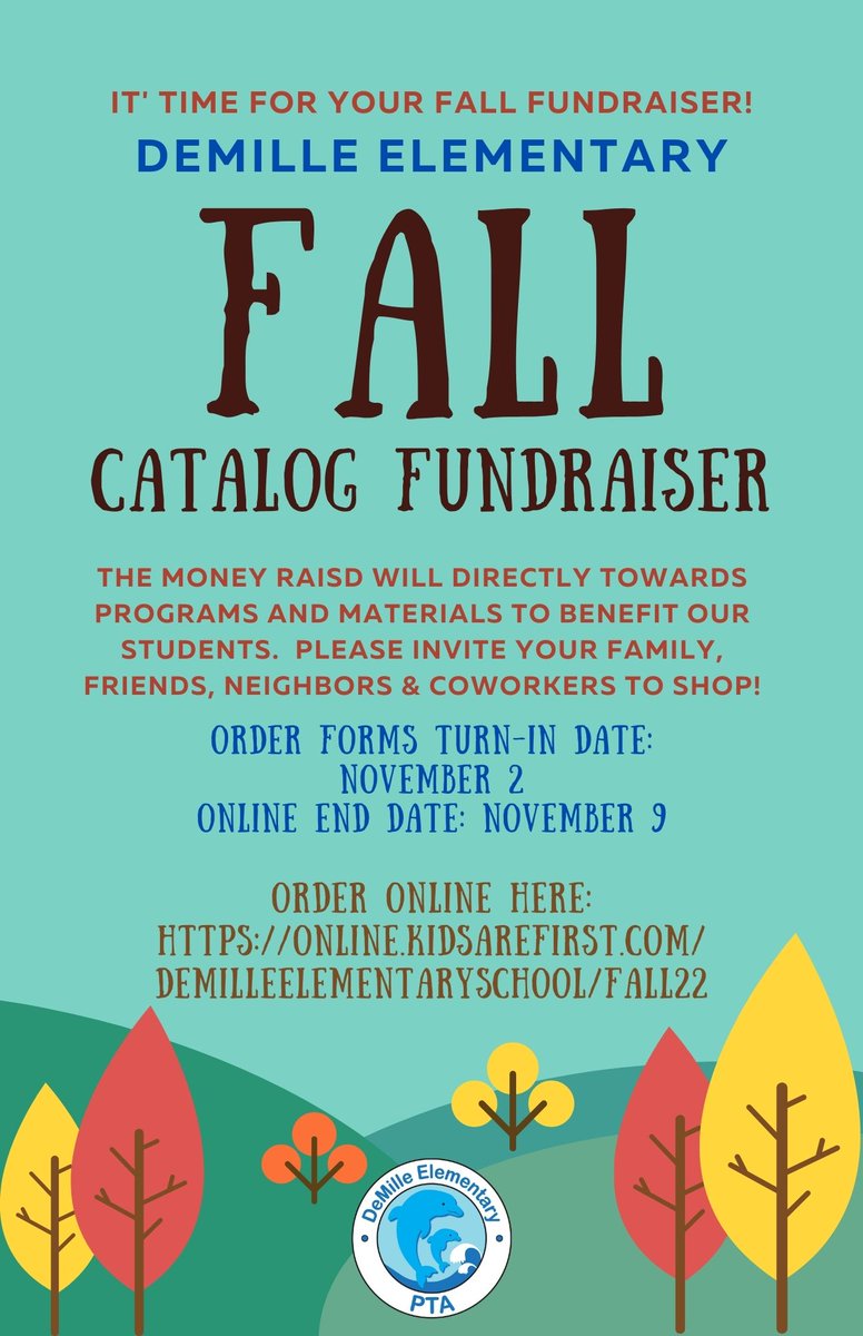 DemillePTA's tweet photo. Please support our Fall Catalog Fundraiser. Chk your child's pack for the brochure + order form. Information is also on ClassDojo and you can also use this link to order: Order Forms Turn-In Date: November 2
Online End Date: November 9
Order Online here: https://t.co/HpIHDI4ueI https://t.co/72Vhe2QaWd