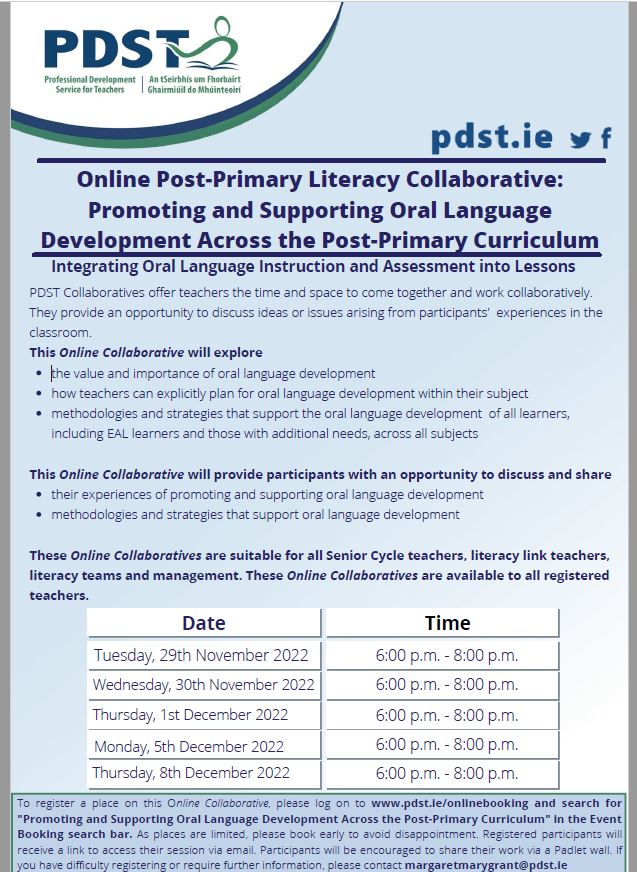 PDST as usual have a great suite of supports including this based on Promoting and Supporting Oral Language Development across Post-Primary Curriculum. Check out the dates in the flyer below @ESCItweets @pdst #oral #language #postprimary #collaboration #assessment #integration