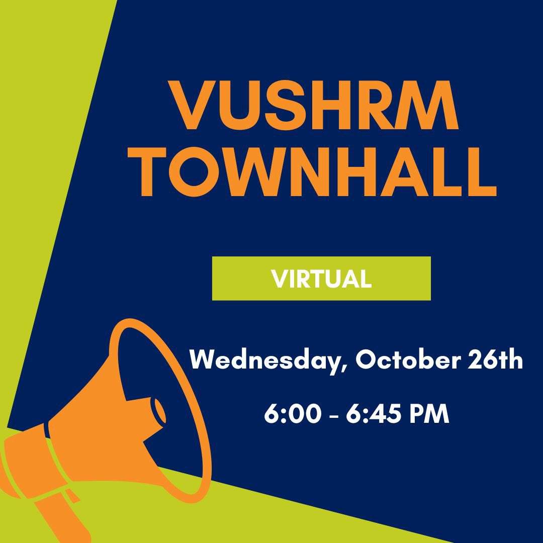 We are hosting our very first town hall this Wednesday, October 26th at 6 pm. Join us for discussions on HR hot topics, networking, and provide any feedback you have about VUSHRM programming.  

We can't wait to see y'all there! 

🔗 to register in bio.
