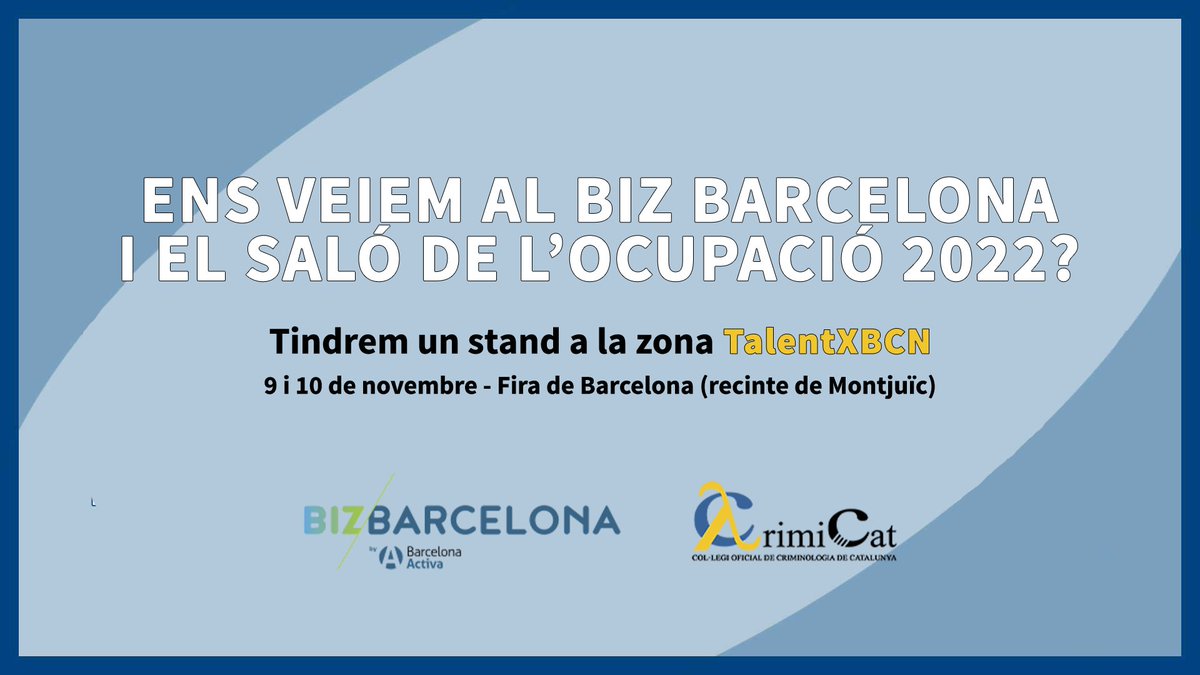 ColCrimiCat's tweet photo. Enguany serem al #BizBarcelona22 per esdevenir un punt de trobada entre empreses, entitats, persones col·legiades i també futurs criminòlegs i criminòlogues!

És gratuït i poc a poc anirem explicant les activitats que farem a l'stand! 👀 @bizbarcelona 

📝 https://t.co/QQ0dVeOpxi https://t.co/d55dYuFmDh