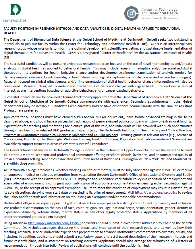 Come work with us!

The Center for Technology and Behavioral Health at <a href="/dartmouth/">Dartmouth 🌲</a> (<a href="/DartmouthCTBH/">Center for Technology and Behavioral Health</a>/<a href="/BioMedDataSci/">DataScience@Geisel</a>) has *2⃣* openings for tenure-track assistant professors‼️

Apply here:
apply.interfolio.com/115050

Please RT!

#AcademicTwitter #TenureTrack