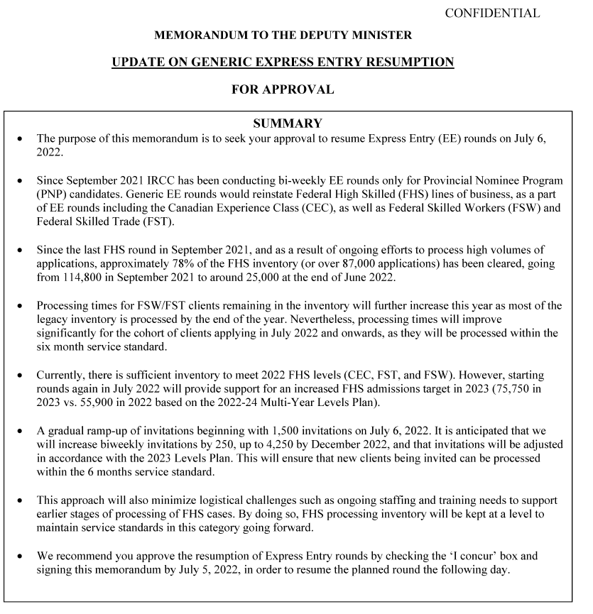 smeurrens's tweet photo. A July 5, 2022 IRCC Memo to the Deputy Minister states that IRCC's goal was to issue 1,500 invitations to Express Entry on July 6, 2022, and then increase biweekly invitations by 250 until they reach 4,250 by December. Ultimately, they were able to increase by 500 instead. https://t.co/iMXeiuUU0J