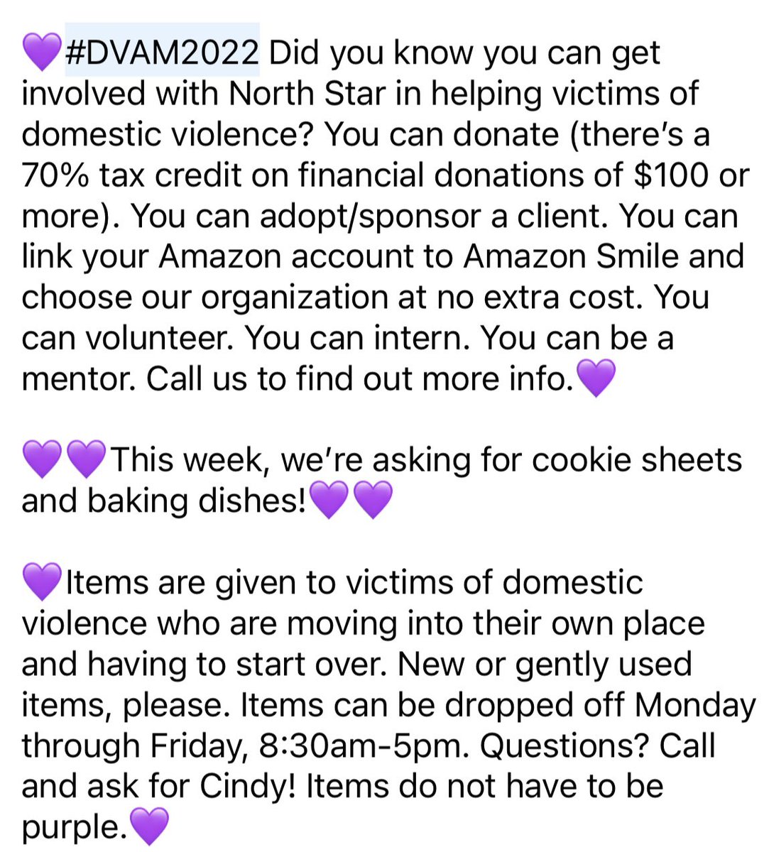 NorthStar_AC's tweet photo. 💜💜This week, we’re asking for cookie sheets and baking dishes!💜💜 #DVAM22 #DomesticViolenceAwarenessMonth https://t.co/YsO2mql2FF