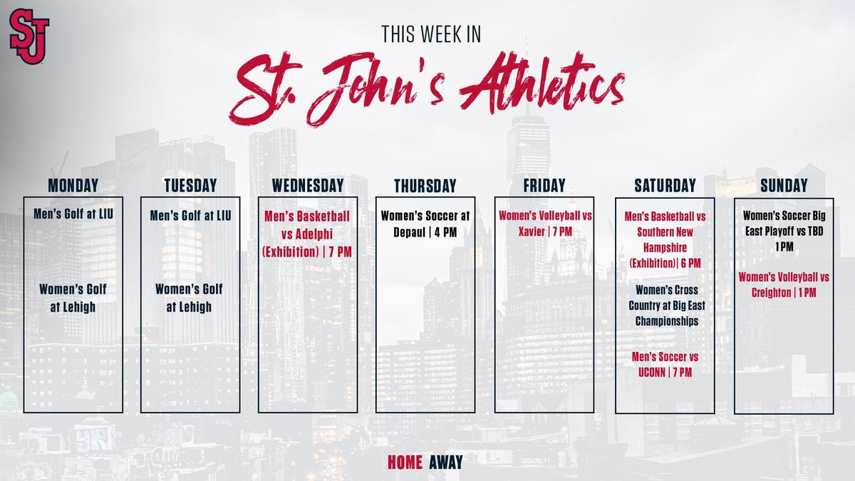 StJohnsRedStorm's tweet photo. 𝙏𝙝𝙞𝙨 𝙒𝙚𝙚𝙠 𝙞𝙣 𝘼𝙩𝙝𝙡𝙚𝙩𝙞𝙘𝙨

@StJohnsBBall starts the season with two exhibition games at Carnesecca, @StJohnsWSoccer has their last regular season game before they are back at Belson on Sunday, while @StJohnsVB comes back home this weekend!!

#WeAreNewYorksTeam https://t.co/4gp6lWSo17