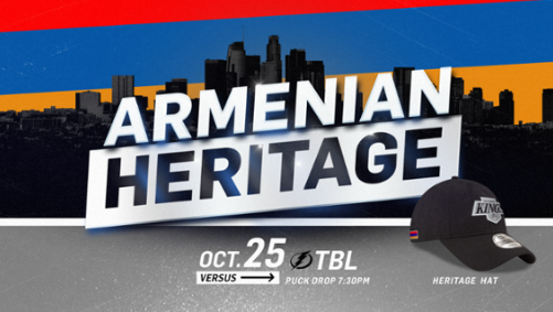 ManoukAkopyan's tweet photo. The LA Kings will host Armenian Heritage Night on Tuesday against the Tampa Bay Lightning.

1,000 ticket packs have been sold, which marks a sellout. Fans will be getting a Kings x 🇦🇲 co-branded hat.

Lightning defenseman Zach Bogosian is Armenian.

https://t.co/bcUGphUUUv https://t.co/WXXXpu9A5f